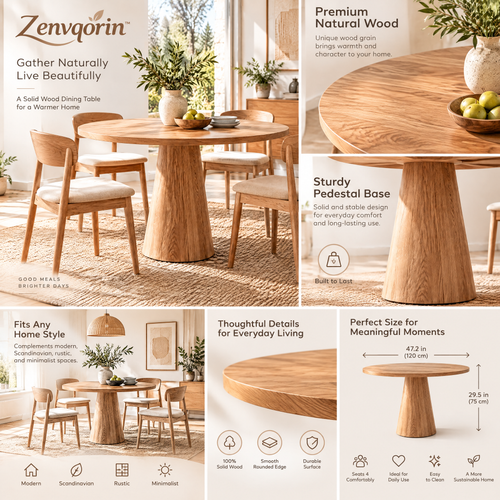 Zenvqorin™ Classic Round Wood Dining Table — features and proportions