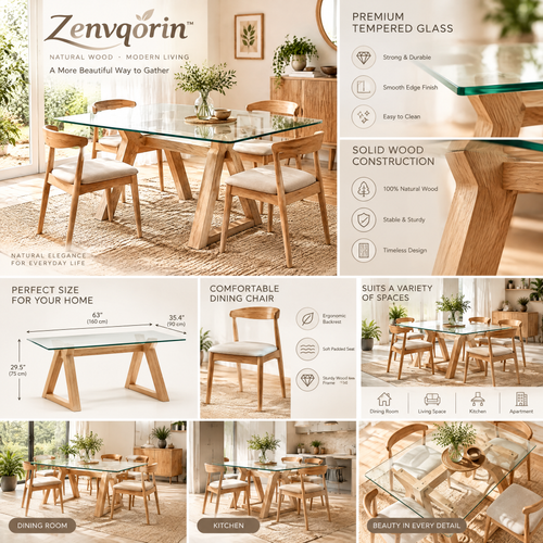Zenvqorin™ Tempered Glass Top Dining Table — features and proportions