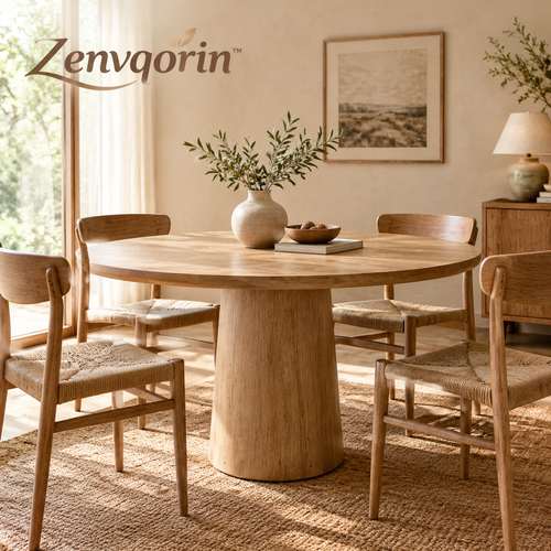 Zenvqorin™ Round Pedestal Dining Table with Natural Finish — design overview