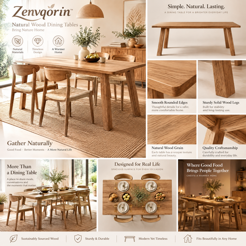 Zenvqorin™ Minimalist Natural Wood Dining Table — features and proportions